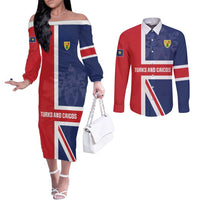 Personalised Turks and Caicos Islands Couples Matching Off The Shoulder Long Sleeve Dress and Long Sleeve Button Shirt Come On Team TCI