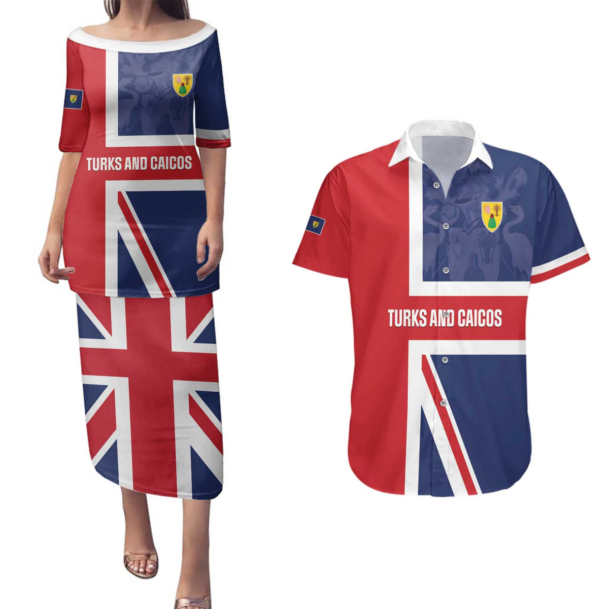 Personalised Turks and Caicos Islands Couples Matching Puletasi and Hawaiian Shirt Come On Team TCI