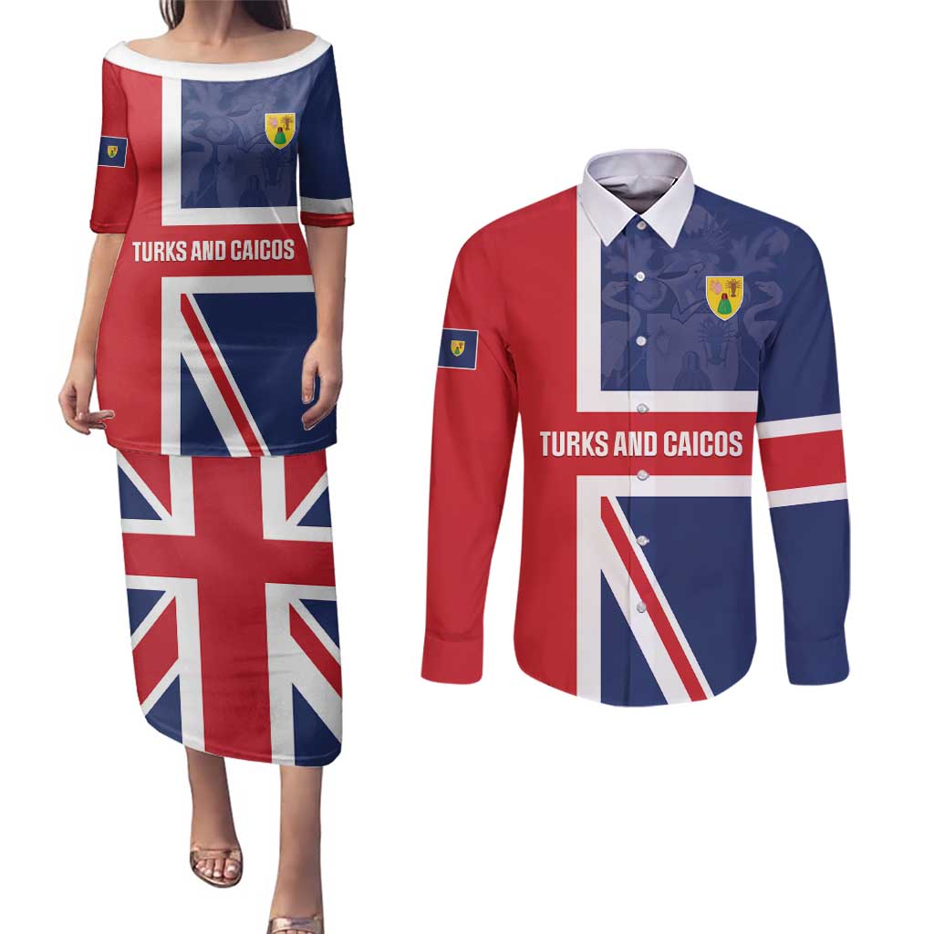 Personalised Turks and Caicos Islands Couples Matching Puletasi and Long Sleeve Button Shirt Come On Team TCI