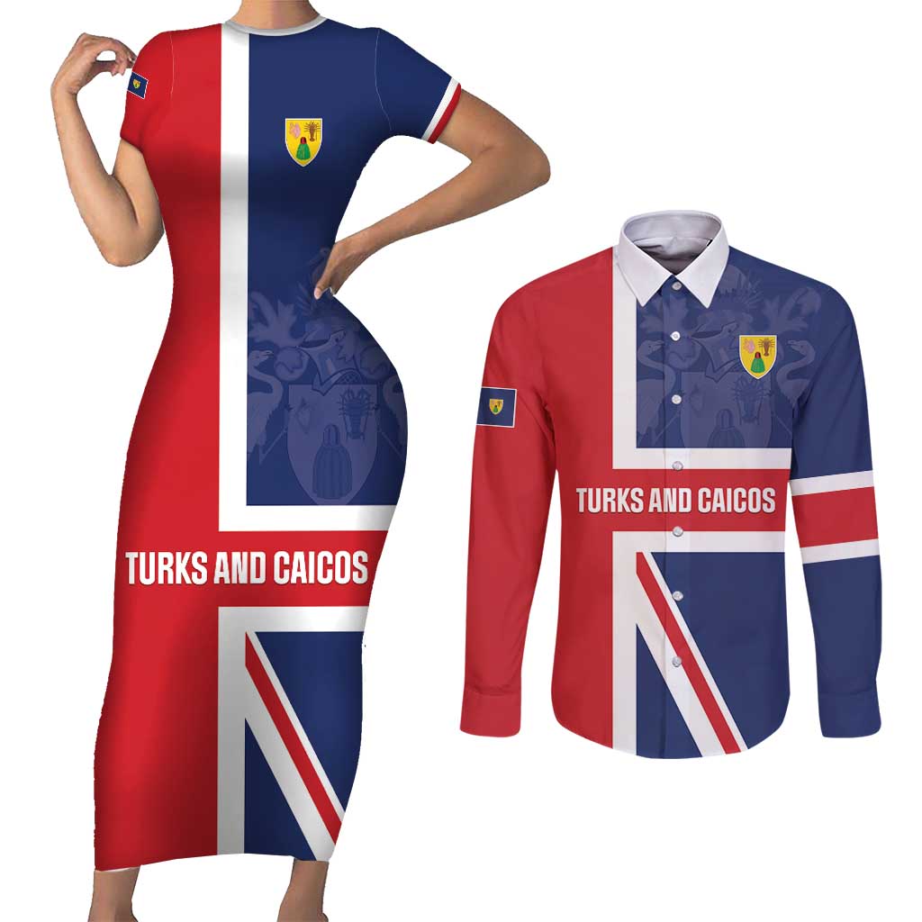 Personalised Turks and Caicos Islands Couples Matching Short Sleeve Bodycon Dress and Long Sleeve Button Shirt Come On Team TCI
