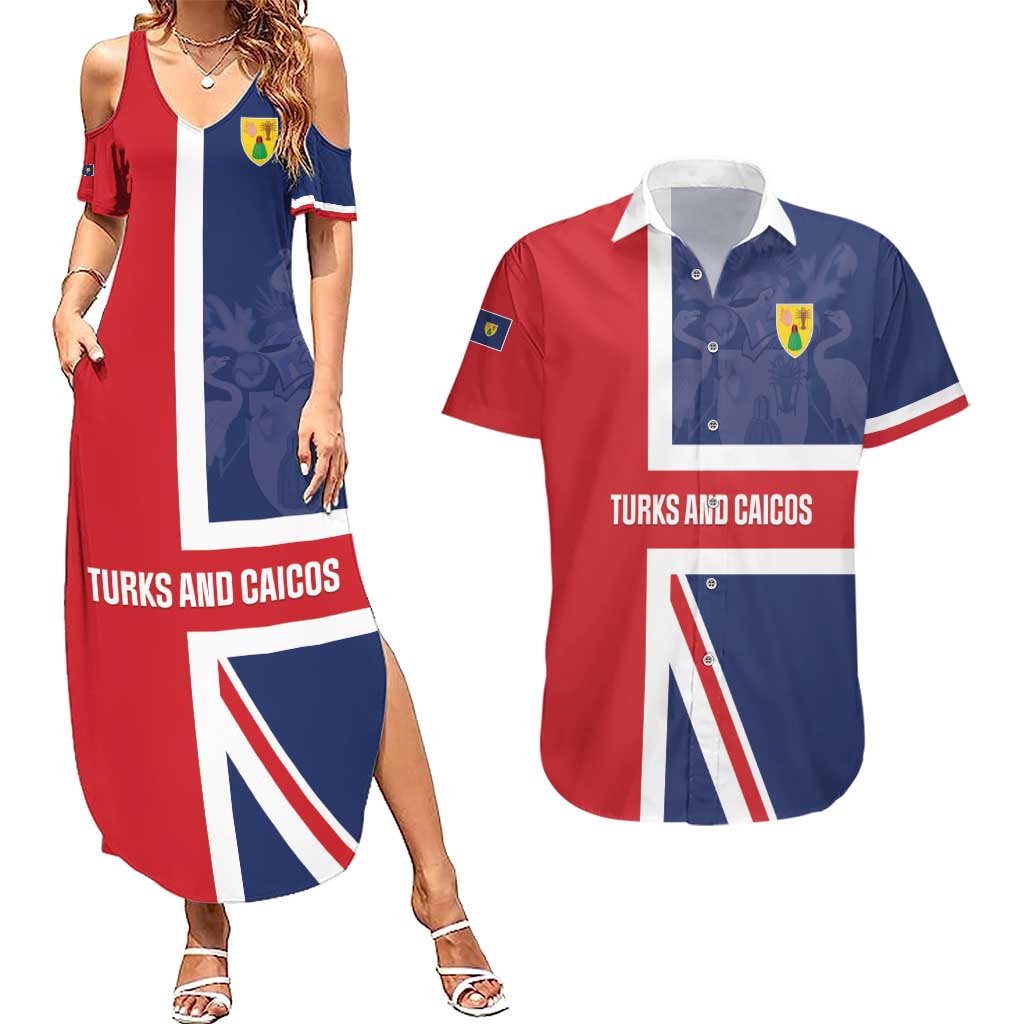 Personalised Turks and Caicos Islands Couples Matching Summer Maxi Dress and Hawaiian Shirt Come On Team TCI