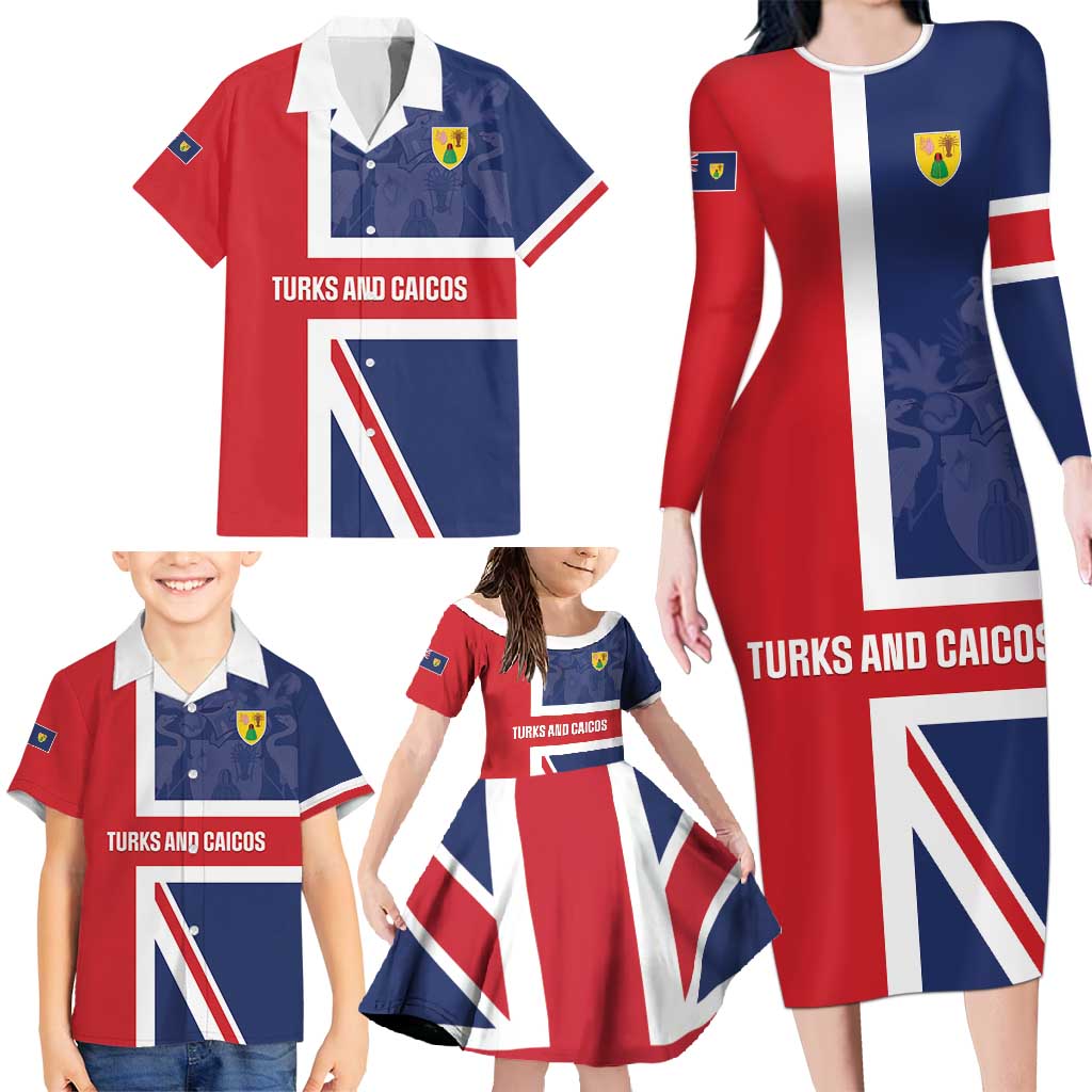 Personalised Turks and Caicos Islands Family Matching Long Sleeve Bodycon Dress and Hawaiian Shirt Come On Team TCI