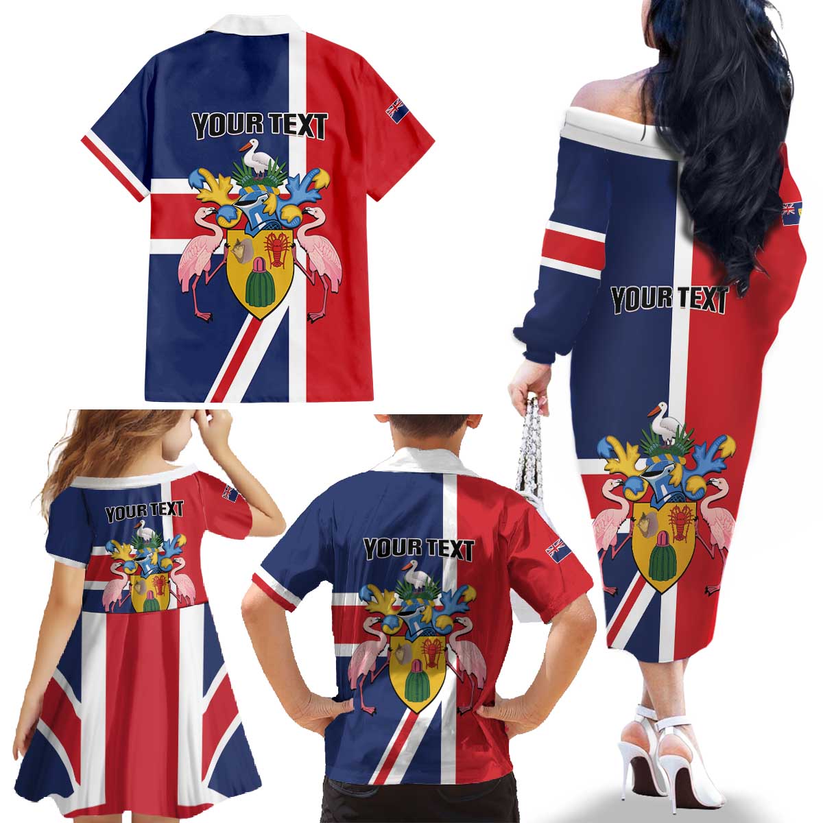 Personalised Turks and Caicos Islands Family Matching Off The Shoulder Long Sleeve Dress and Hawaiian Shirt Come On Team TCI