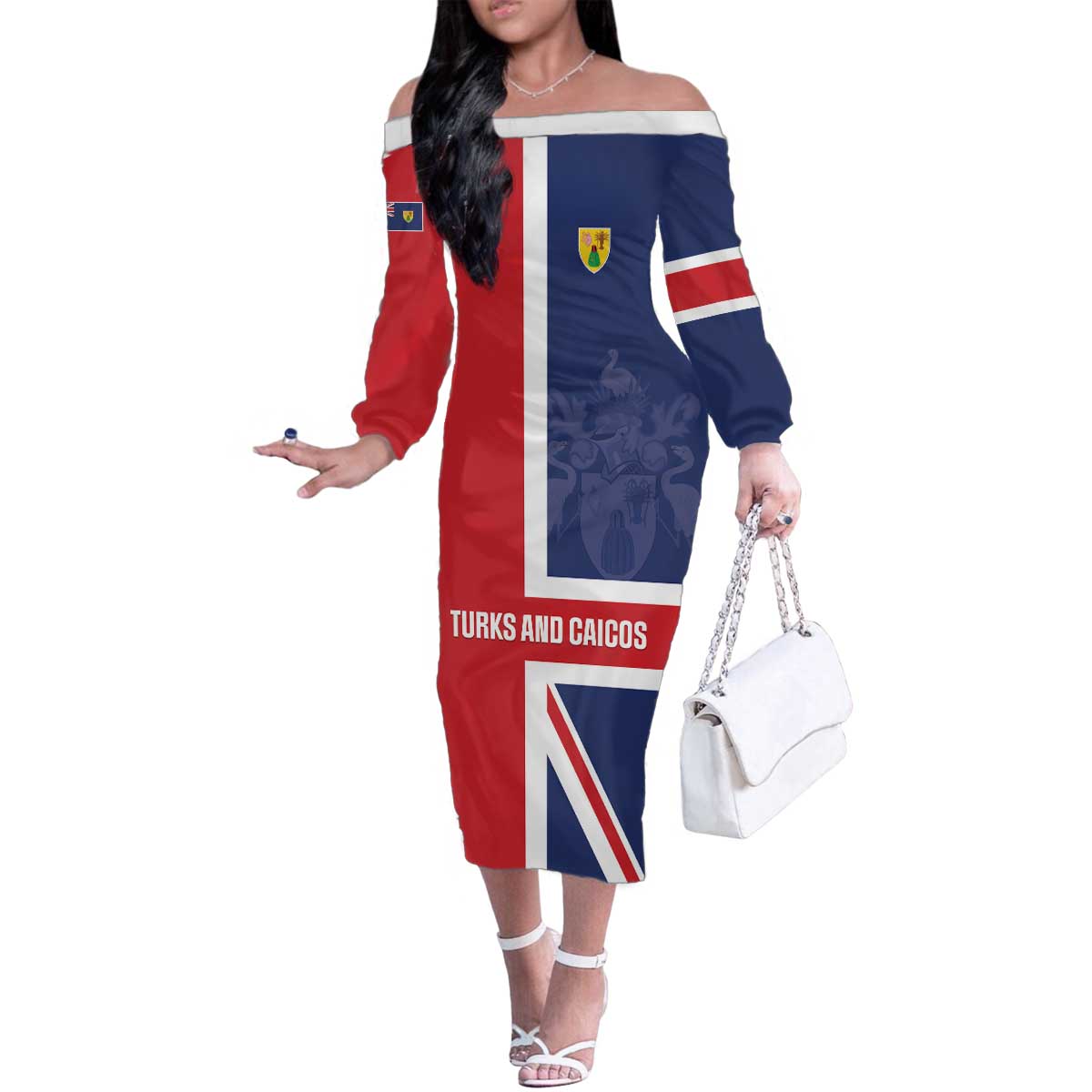 Personalised Turks and Caicos Islands Family Matching Off The Shoulder Long Sleeve Dress and Hawaiian Shirt Come On Team TCI
