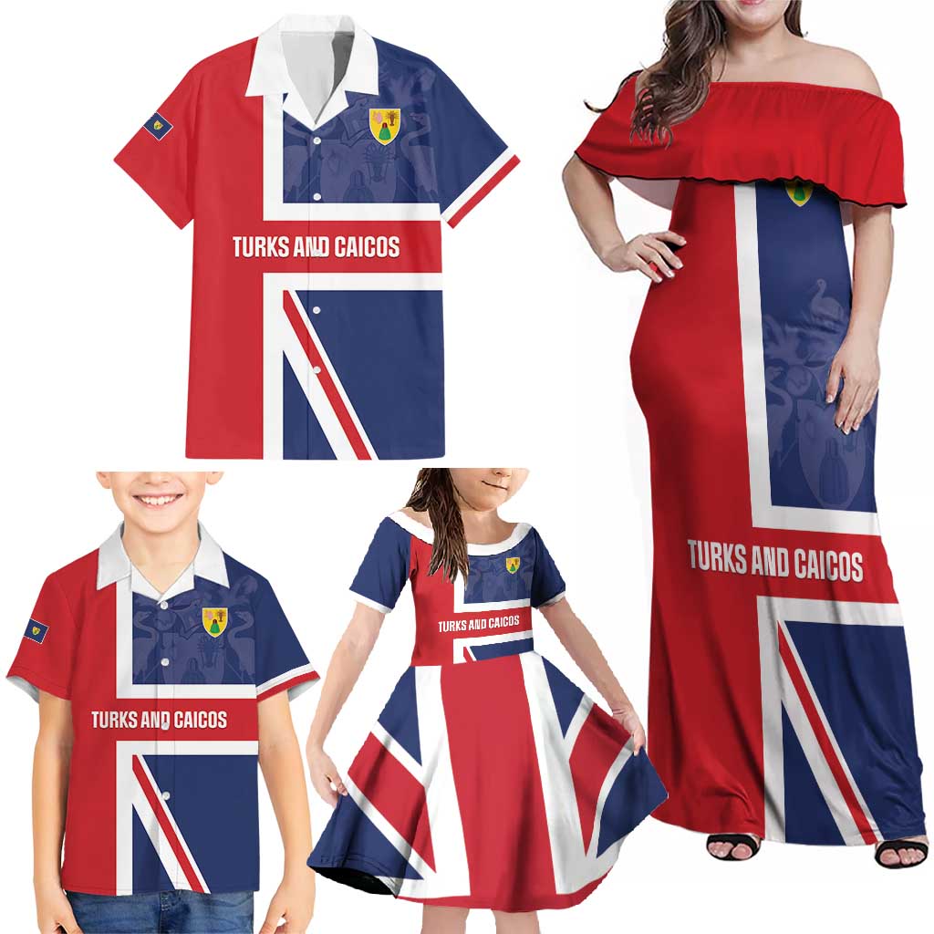 Personalised Turks and Caicos Islands Family Matching Off Shoulder Maxi Dress and Hawaiian Shirt Come On Team TCI