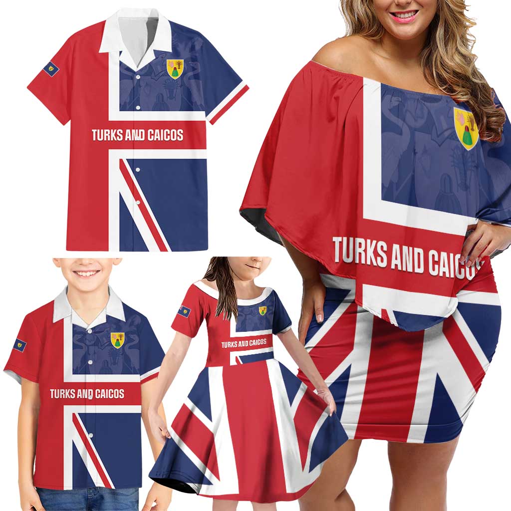 Personalised Turks and Caicos Islands Family Matching Off Shoulder Short Dress and Hawaiian Shirt Come On Team TCI