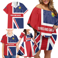 Personalised Turks and Caicos Islands Family Matching Off Shoulder Short Dress and Hawaiian Shirt Come On Team TCI