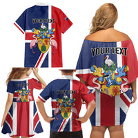 Personalised Turks and Caicos Islands Family Matching Off Shoulder Short Dress and Hawaiian Shirt Come On Team TCI
