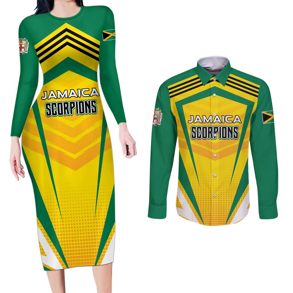 Custom Cricket Jamaica Scorpions Couples Matching Long Sleeve Bodycon Dress and Long Sleeve Button Shirt We Made Legends