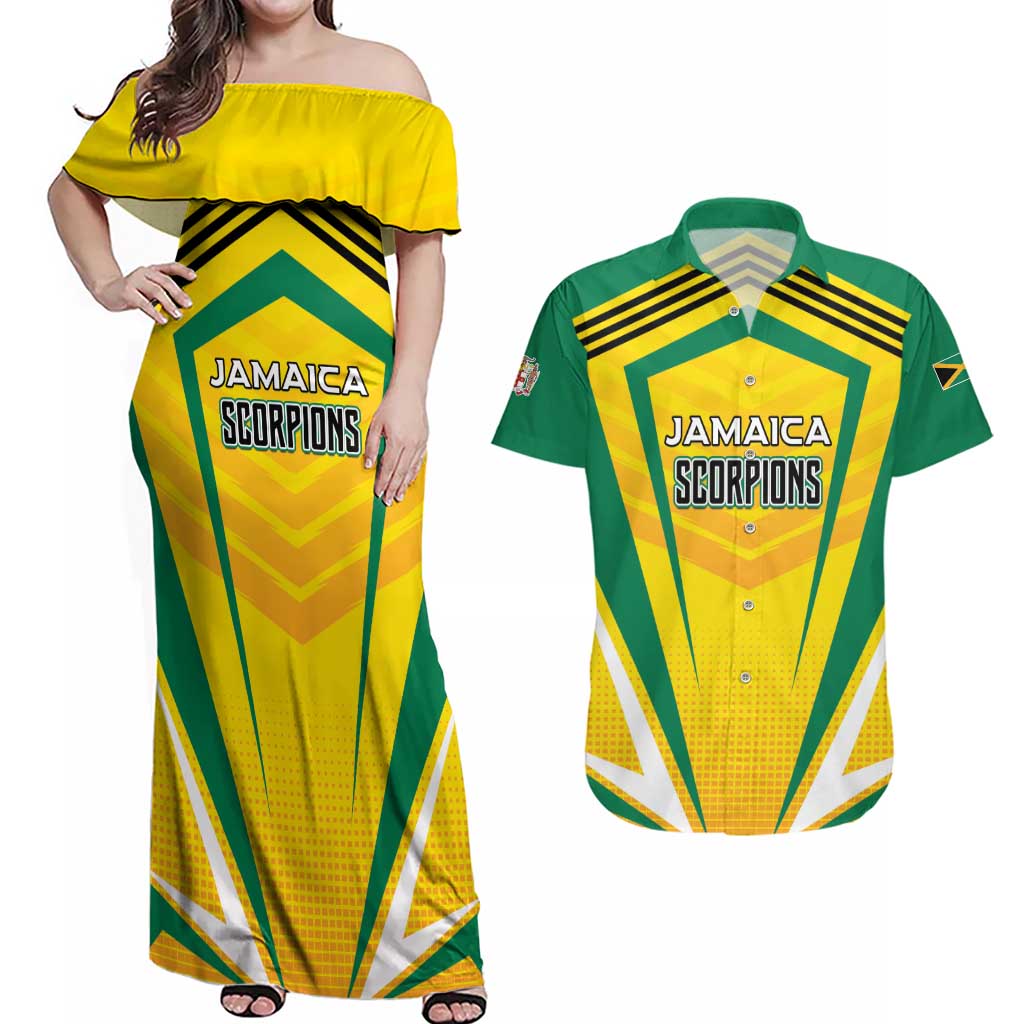 Custom Cricket Jamaica Scorpions Couples Matching Off Shoulder Maxi Dress and Hawaiian Shirt We Made Legends