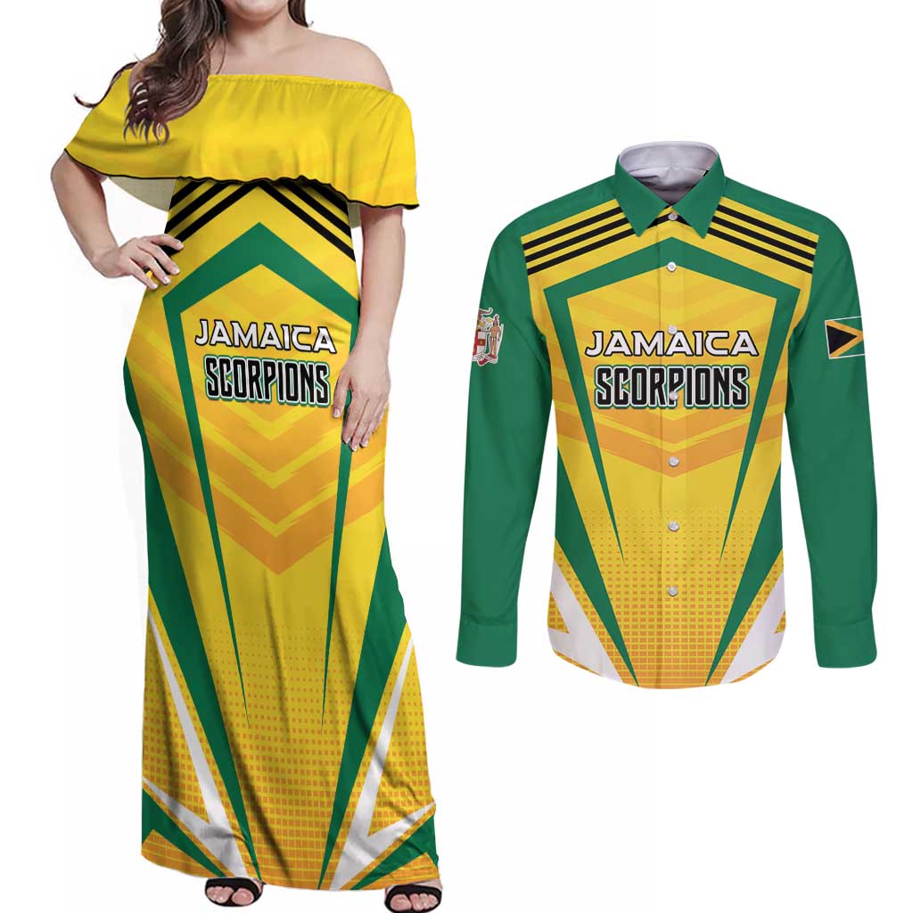 Custom Cricket Jamaica Scorpions Couples Matching Off Shoulder Maxi Dress and Long Sleeve Button Shirt We Made Legends