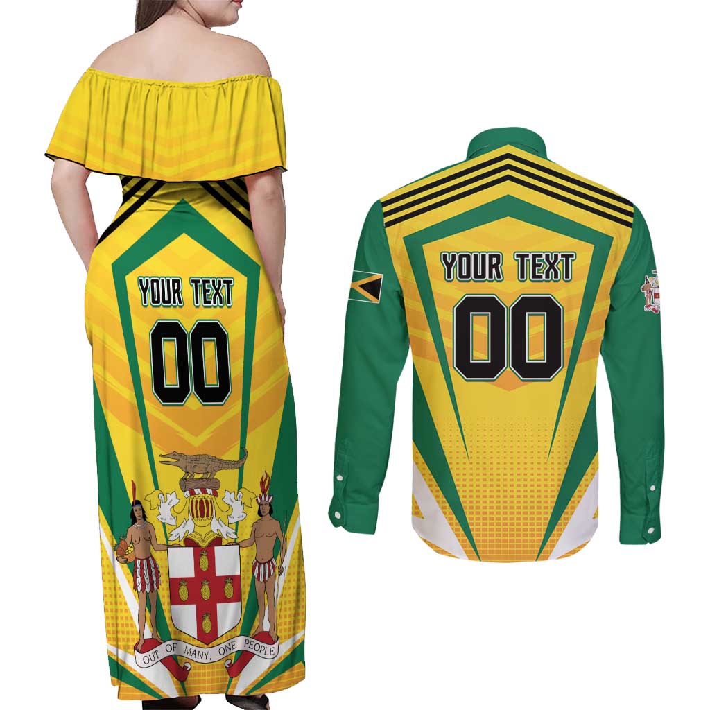 Custom Cricket Jamaica Scorpions Couples Matching Off Shoulder Maxi Dress and Long Sleeve Button Shirt We Made Legends