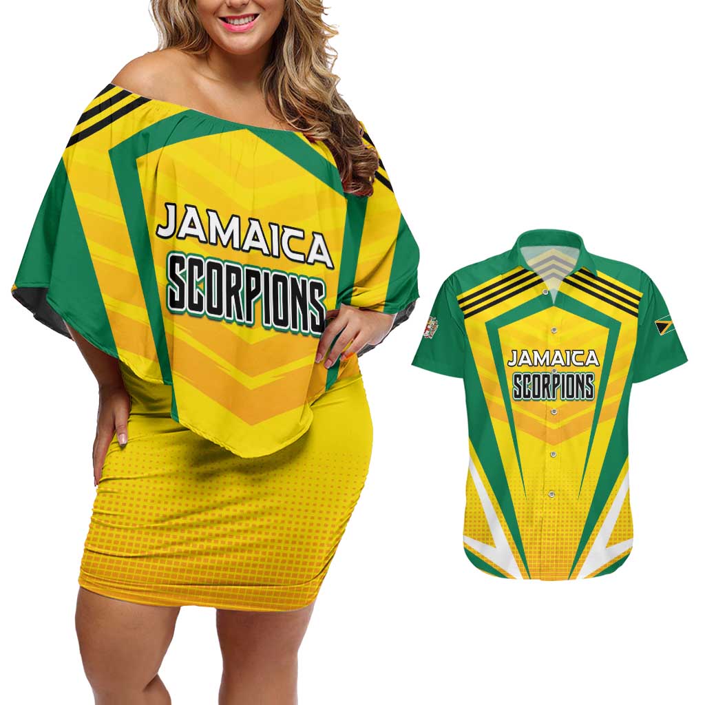Custom Cricket Jamaica Scorpions Couples Matching Off Shoulder Short Dress and Hawaiian Shirt We Made Legends