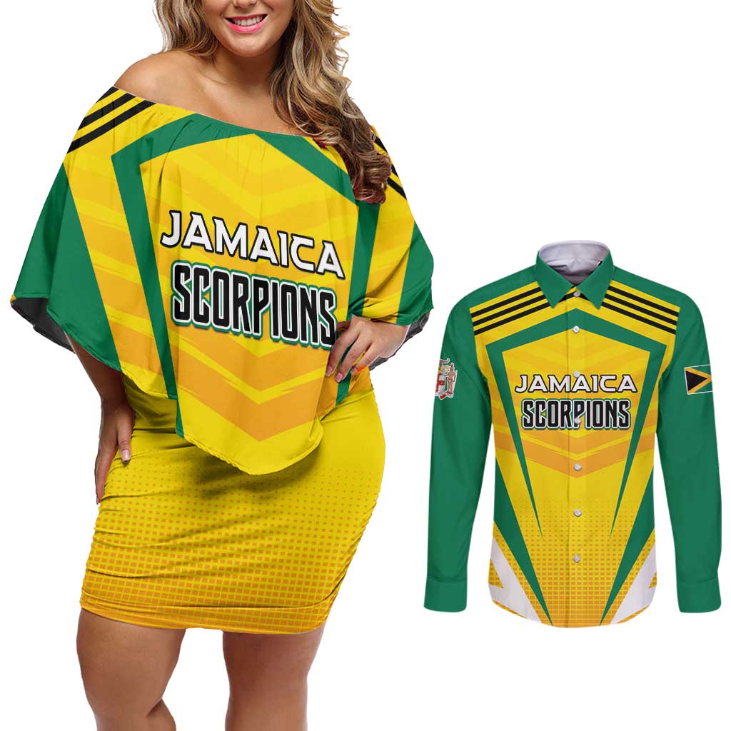 Custom Cricket Jamaica Scorpions Couples Matching Off Shoulder Short Dress and Long Sleeve Button Shirt We Made Legends