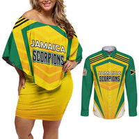 Custom Cricket Jamaica Scorpions Couples Matching Off Shoulder Short Dress and Long Sleeve Button Shirt We Made Legends