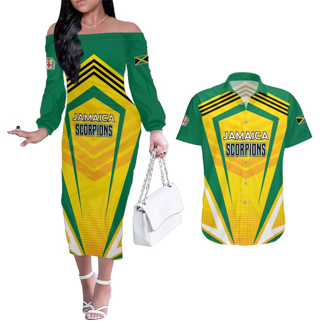 Custom Cricket Jamaica Scorpions Couples Matching Off The Shoulder Long Sleeve Dress and Hawaiian Shirt We Made Legends