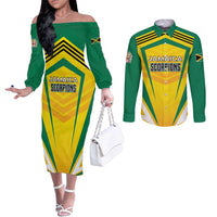 Custom Cricket Jamaica Scorpions Couples Matching Off The Shoulder Long Sleeve Dress and Long Sleeve Button Shirt We Made Legends