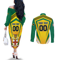 Custom Cricket Jamaica Scorpions Couples Matching Off The Shoulder Long Sleeve Dress and Long Sleeve Button Shirt We Made Legends