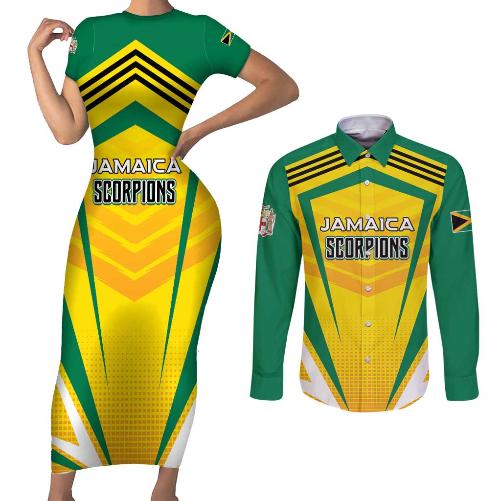 Custom Cricket Jamaica Scorpions Couples Matching Short Sleeve Bodycon Dress and Long Sleeve Button Shirt We Made Legends