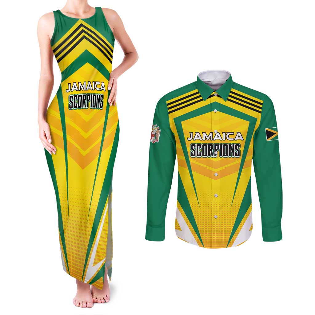 Custom Cricket Jamaica Scorpions Couples Matching Tank Maxi Dress and Long Sleeve Button Shirt We Made Legends