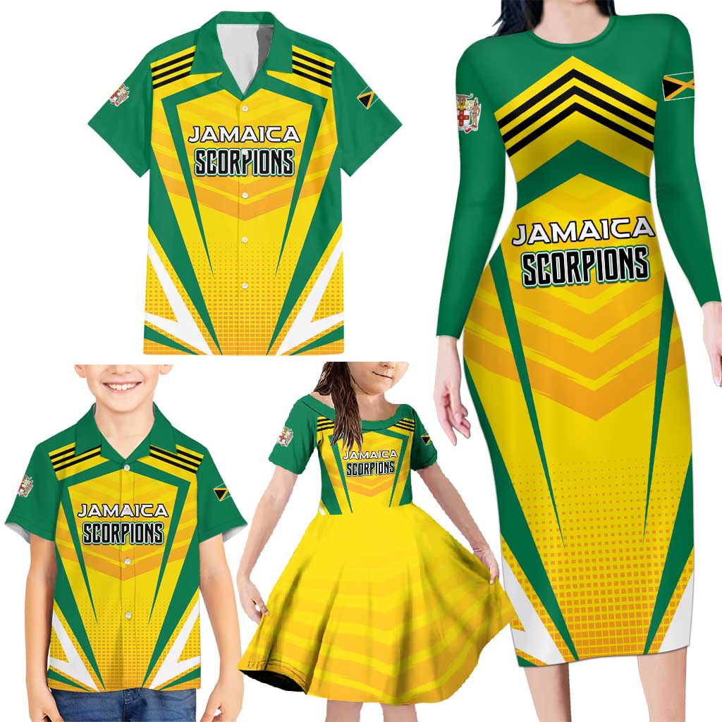 Custom Cricket Jamaica Scorpions Family Matching Long Sleeve Bodycon Dress and Hawaiian Shirt We Made Legends