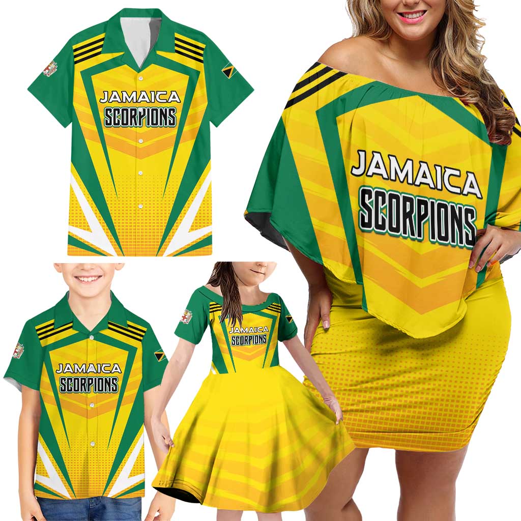 Custom Cricket Jamaica Scorpions Family Matching Off Shoulder Short Dress and Hawaiian Shirt We Made Legends