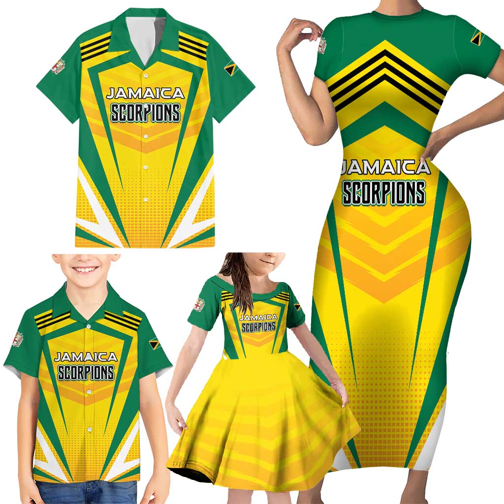 Custom Cricket Jamaica Scorpions Family Matching Short Sleeve Bodycon Dress and Hawaiian Shirt We Made Legends