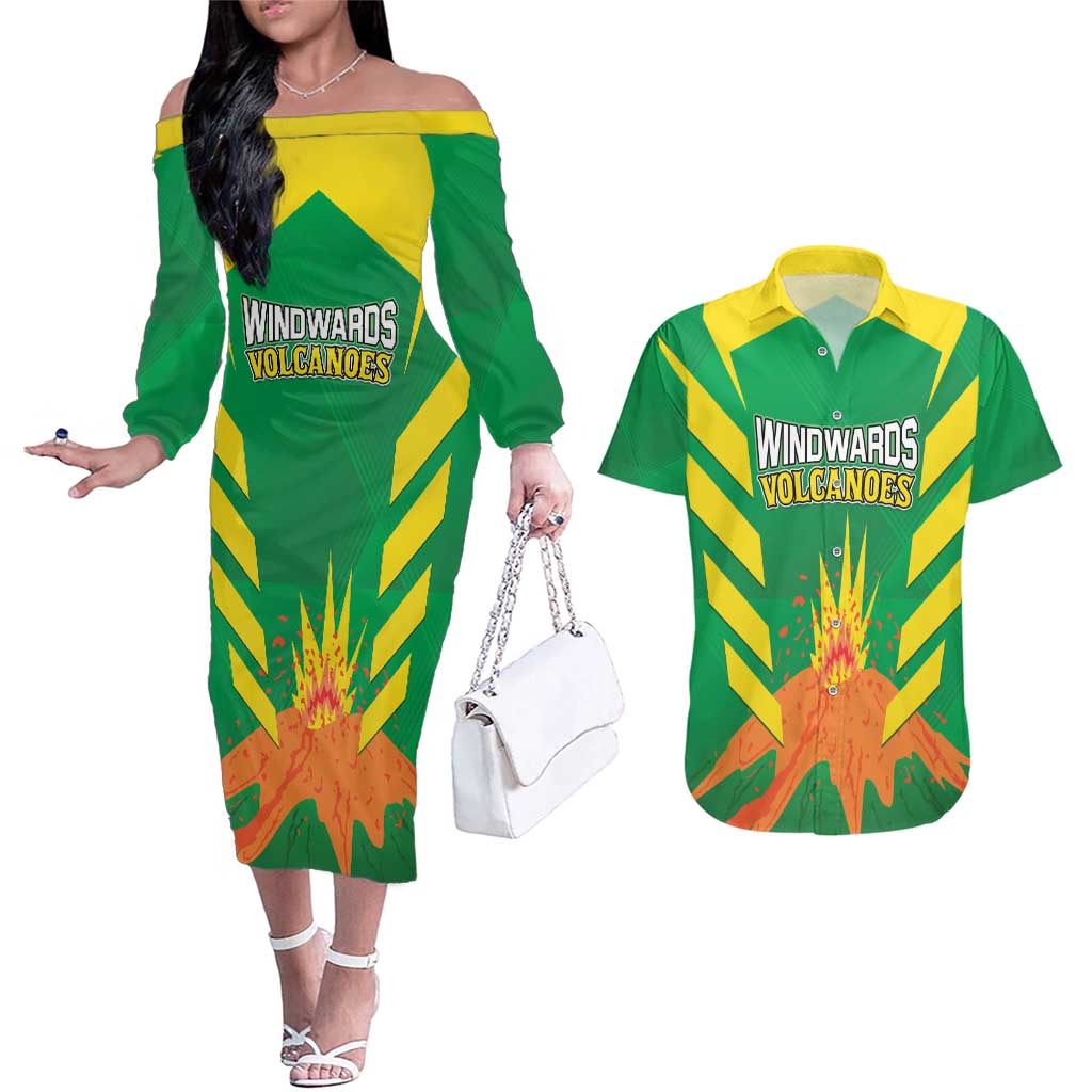 Custom Cricket Windwards Volcanoes Couples Matching Off The Shoulder Long Sleeve Dress and Hawaiian Shirt All The Best LAVA Boys
