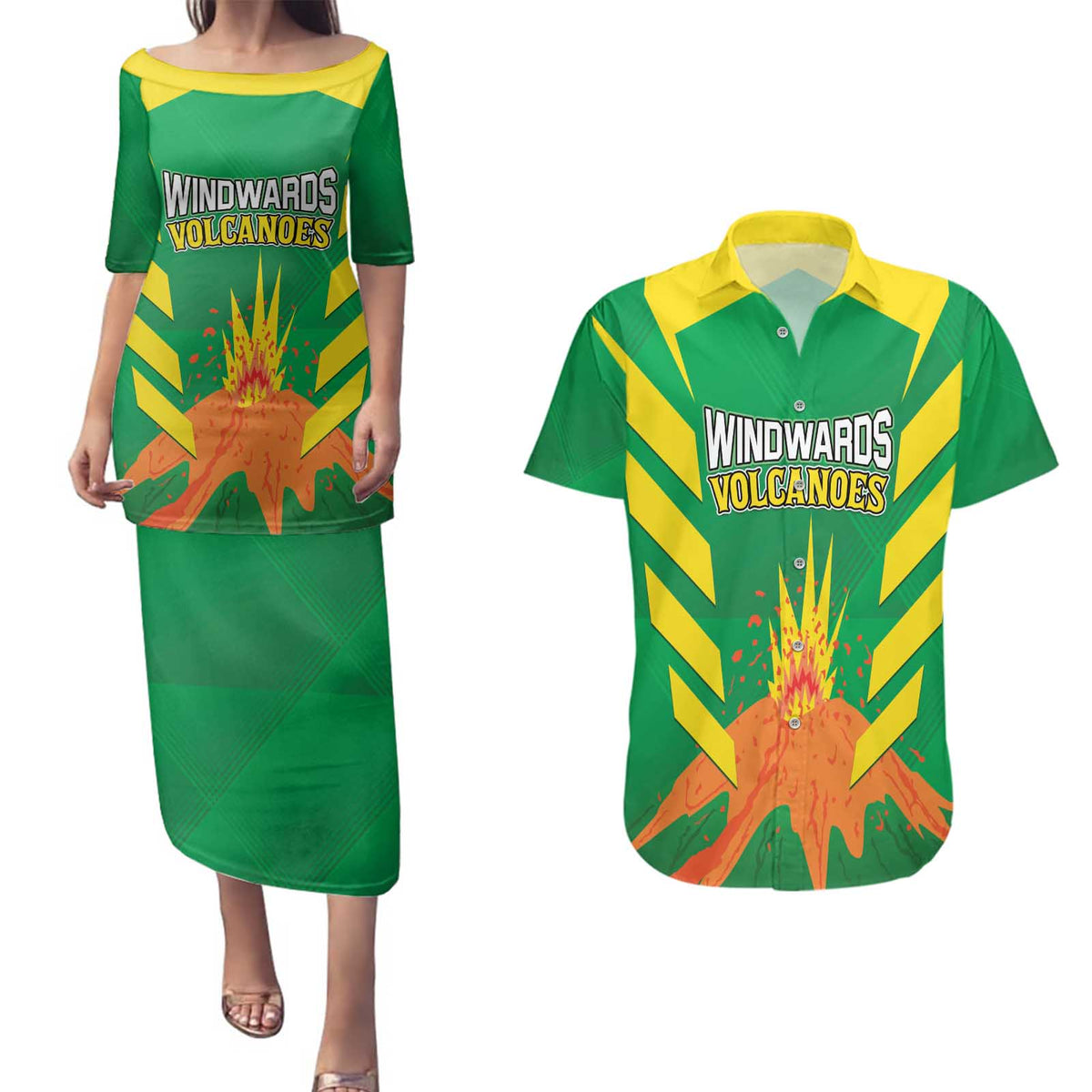 Custom Cricket Windwards Volcanoes Couples Matching Puletasi and Hawaiian Shirt All The Best LAVA Boys
