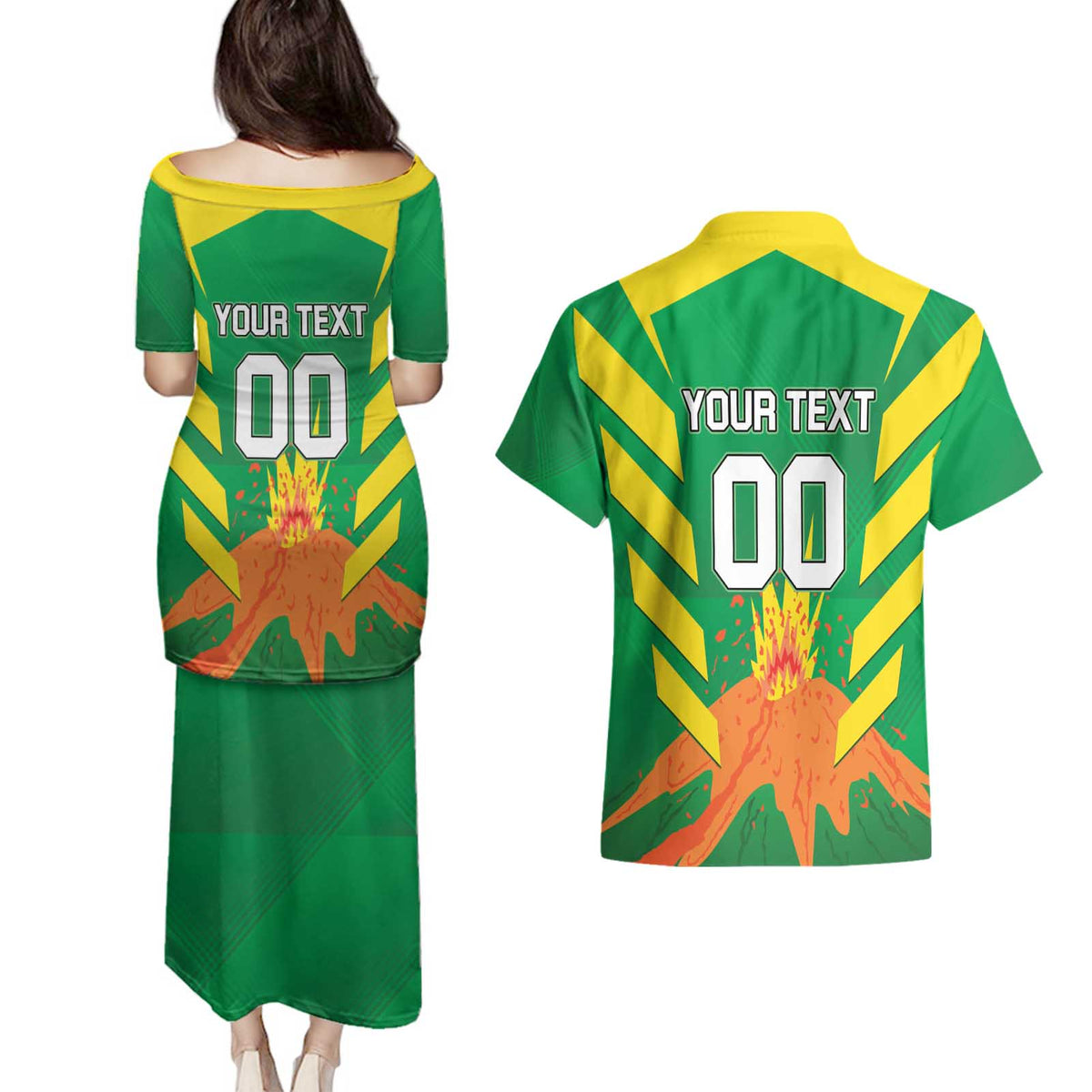 Custom Cricket Windwards Volcanoes Couples Matching Puletasi and Hawaiian Shirt All The Best LAVA Boys
