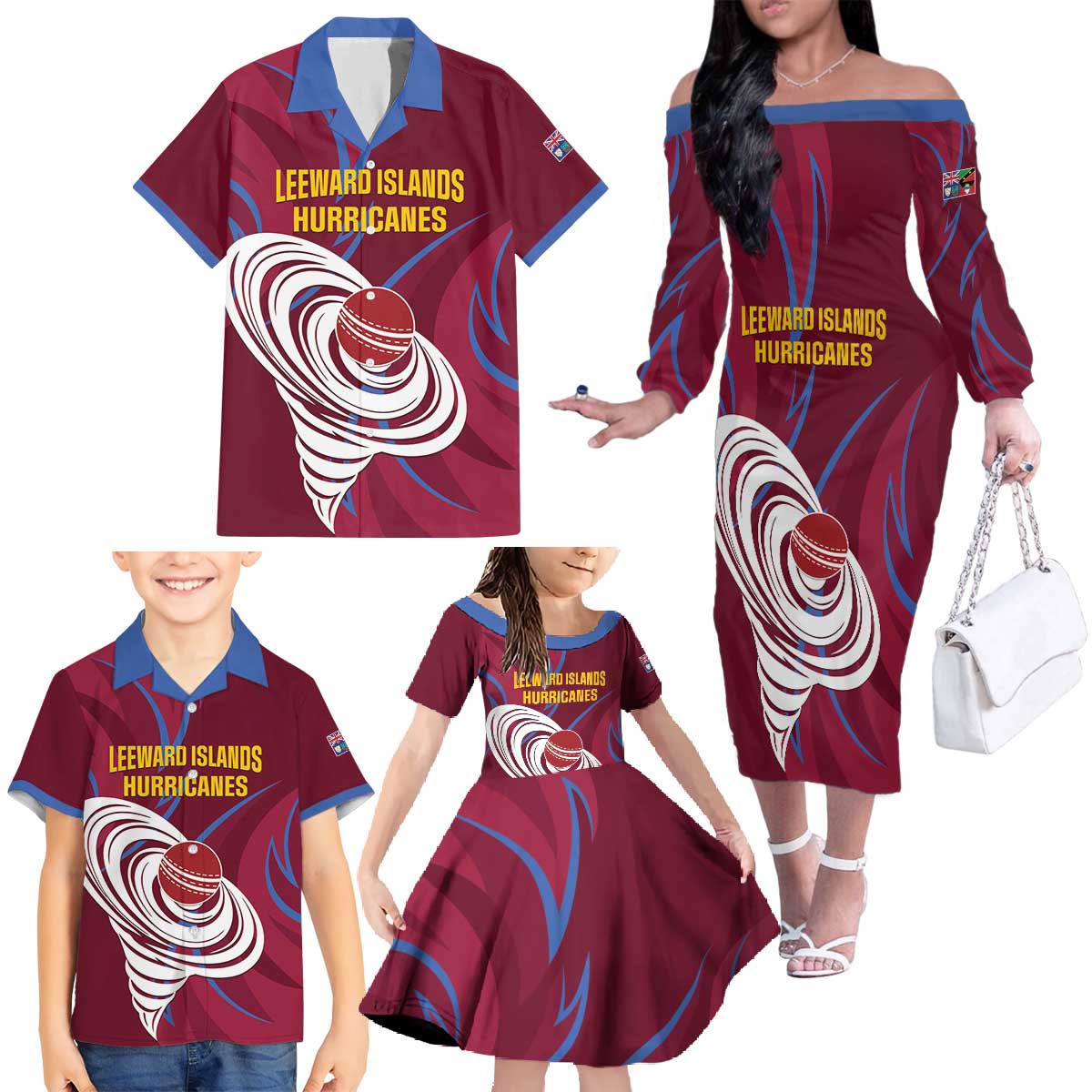 Custom Cricket Leeward Hurricanes Family Matching Off The Shoulder Long Sleeve Dress and Hawaiian Shirt Come On Hurricanes Boys