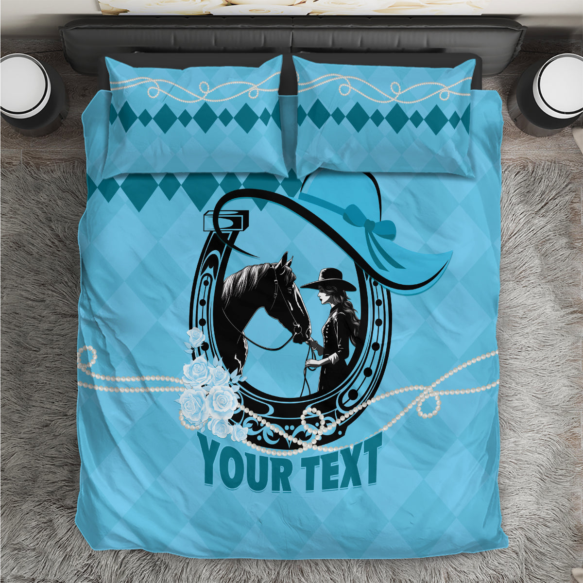 Personalized Kentucky Horse Racing 2024 Bedding Set Beauty and The Horse Blue Version