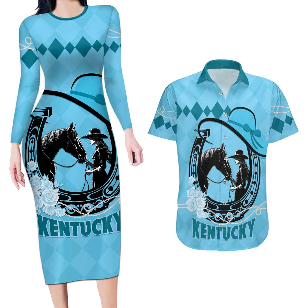 Personalized Kentucky Horse Racing Couples Matching Long Sleeve Bodycon Dress and Hawaiian Shirt Beauty and The Horse Blue Version LT01