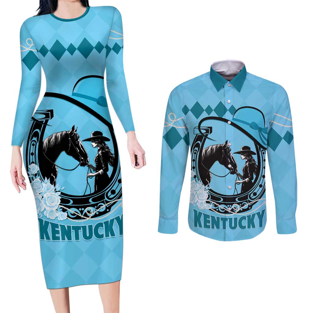 Personalized Kentucky Horse Racing Couples Matching Long Sleeve Bodycon Dress and Long Sleeve Button Shirt Beauty and The Horse Blue Version LT01