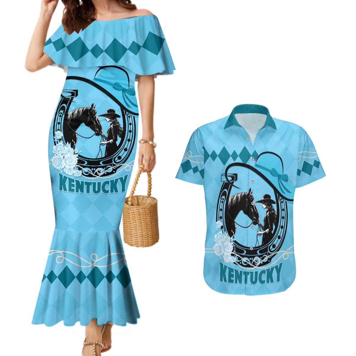 Personalized Kentucky Horse Racing Couples Matching Mermaid Dress and Hawaiian Shirt Beauty and The Horse Blue Version LT01