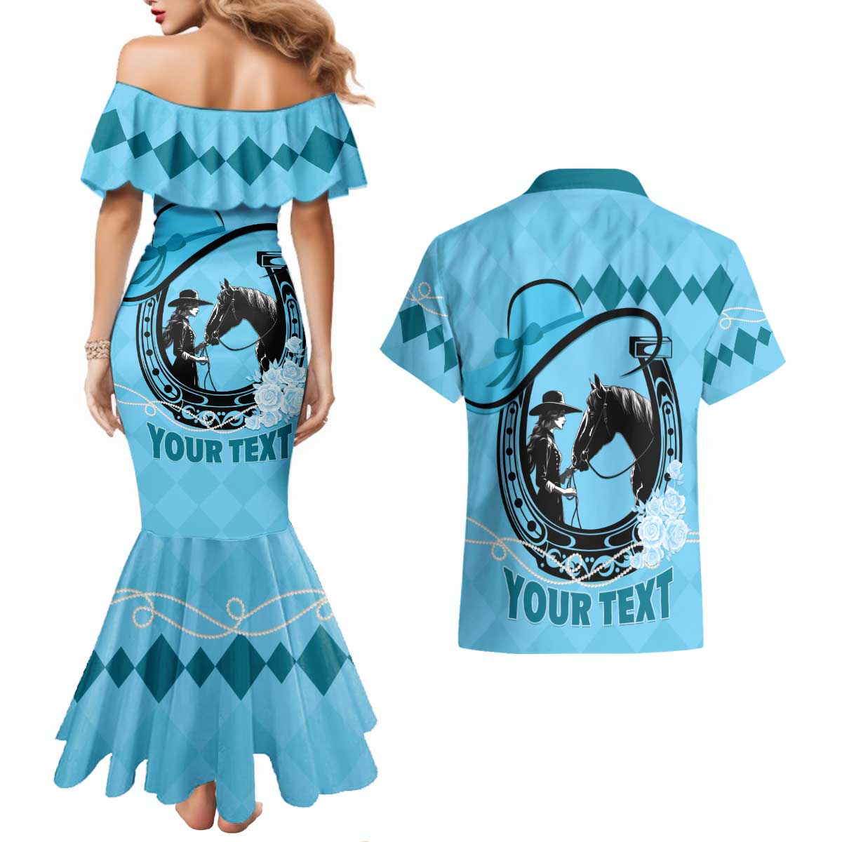Personalized Kentucky Horse Racing Couples Matching Mermaid Dress and Hawaiian Shirt Beauty and The Horse Blue Version LT01