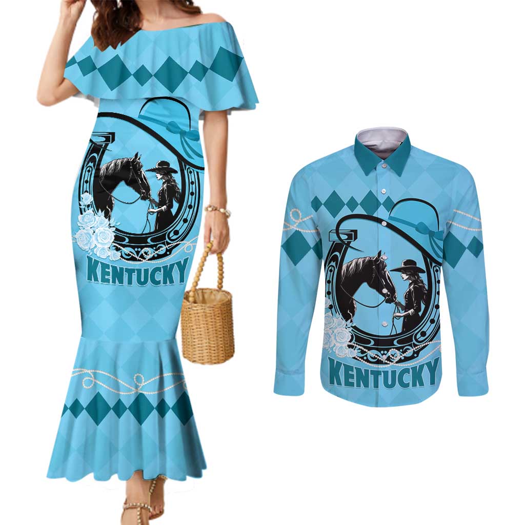 Personalized Kentucky Horse Racing Couples Matching Mermaid Dress and Long Sleeve Button Shirt Beauty and The Horse Blue Version LT01
