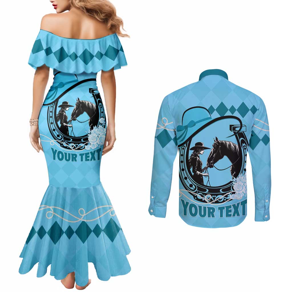 Personalized Kentucky Horse Racing Couples Matching Mermaid Dress and Long Sleeve Button Shirt Beauty and The Horse Blue Version LT01