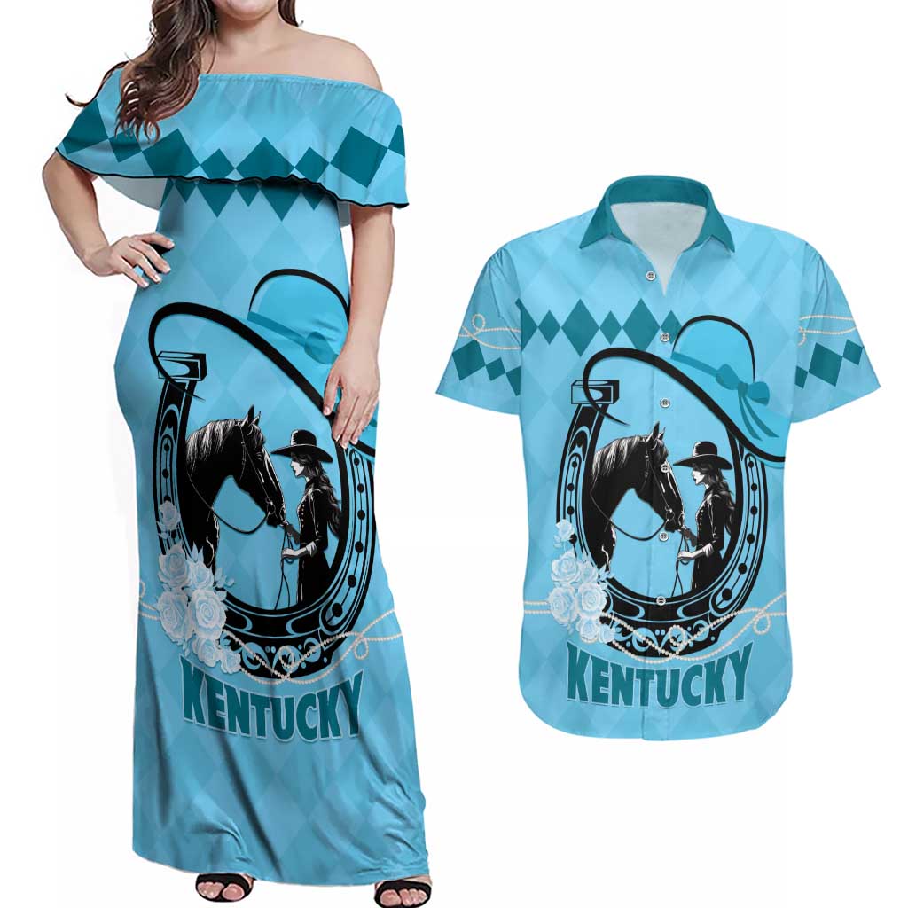 Personalized Kentucky Horse Racing Couples Matching Off Shoulder Maxi Dress and Hawaiian Shirt Beauty and The Horse Blue Version LT01
