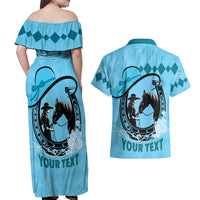 Personalized Kentucky Horse Racing Couples Matching Off Shoulder Maxi Dress and Hawaiian Shirt Beauty and The Horse Blue Version LT01