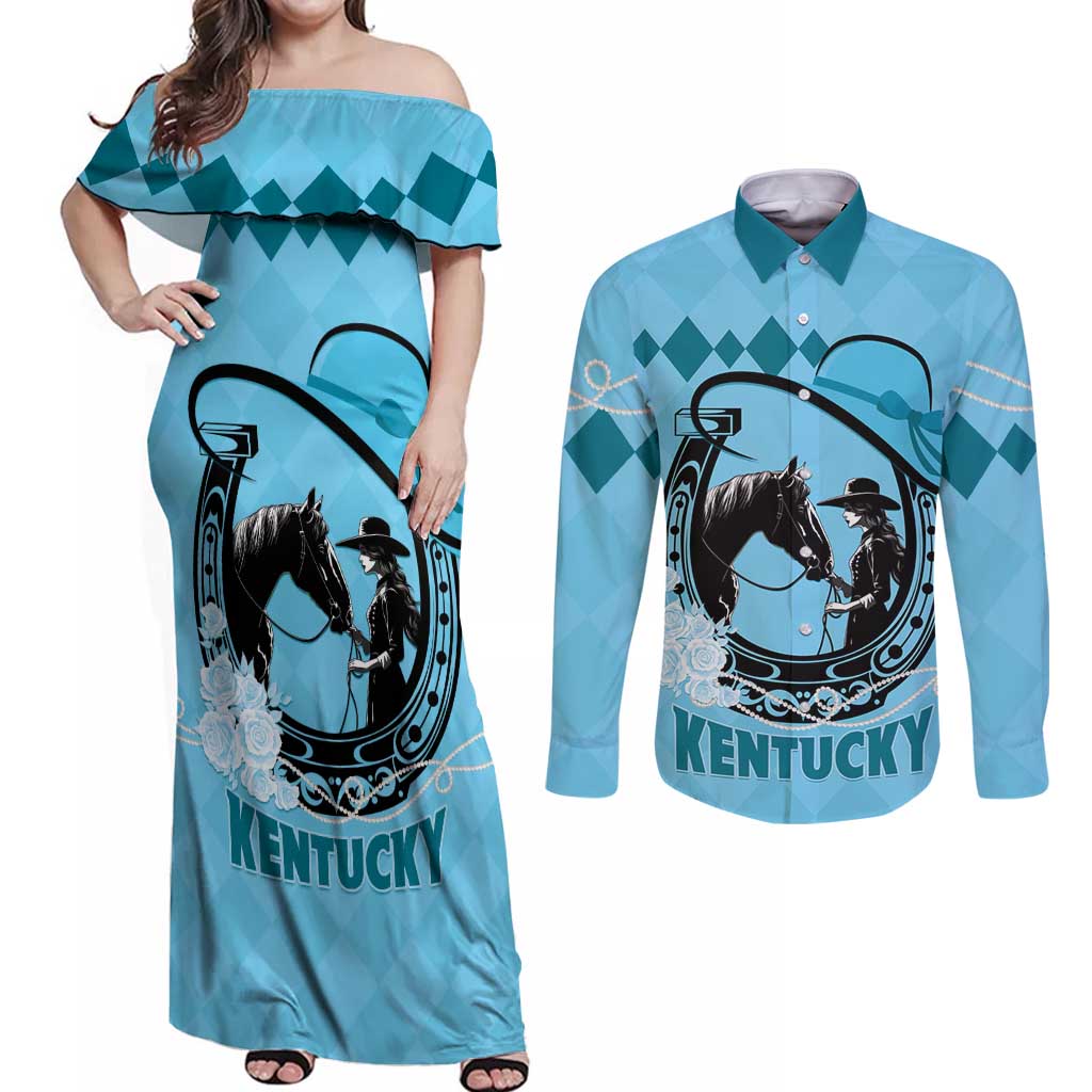 Personalized Kentucky Horse Racing Couples Matching Off Shoulder Maxi Dress and Long Sleeve Button Shirt Beauty and The Horse Blue Version LT01