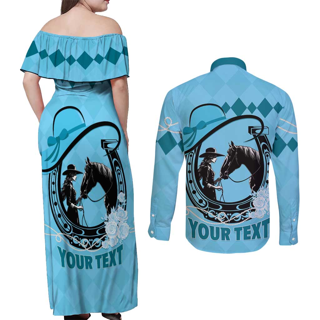 Personalized Kentucky Horse Racing Couples Matching Off Shoulder Maxi Dress and Long Sleeve Button Shirt Beauty and The Horse Blue Version LT01