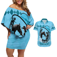 Personalized Kentucky Horse Racing Couples Matching Off Shoulder Short Dress and Hawaiian Shirt Beauty and The Horse Blue Version LT01
