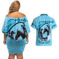 Personalized Kentucky Horse Racing Couples Matching Off Shoulder Short Dress and Hawaiian Shirt Beauty and The Horse Blue Version LT01