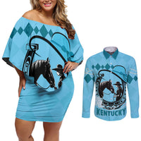 Personalized Kentucky Horse Racing Couples Matching Off Shoulder Short Dress and Long Sleeve Button Shirt Beauty and The Horse Blue Version LT01