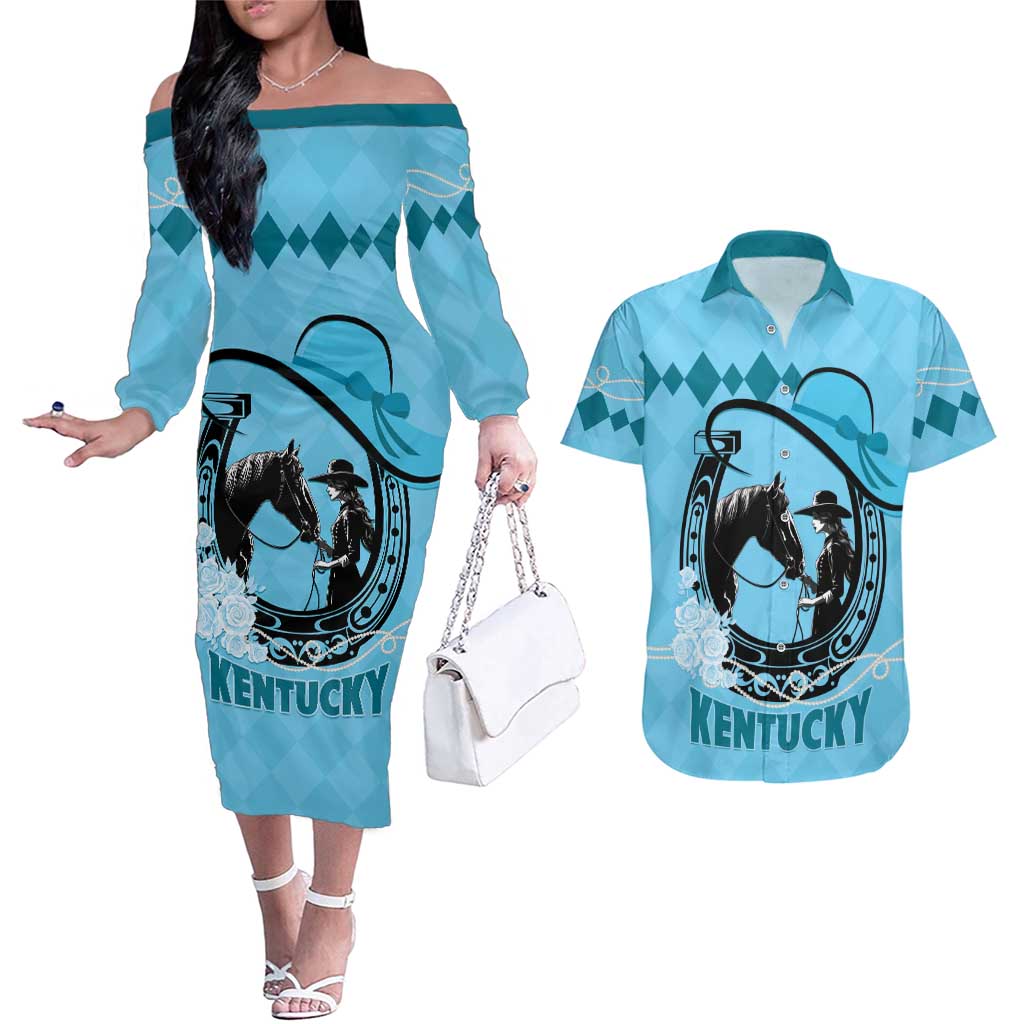 Personalized Kentucky Horse Racing Couples Matching Off The Shoulder Long Sleeve Dress and Hawaiian Shirt Beauty and The Horse Blue Version LT01