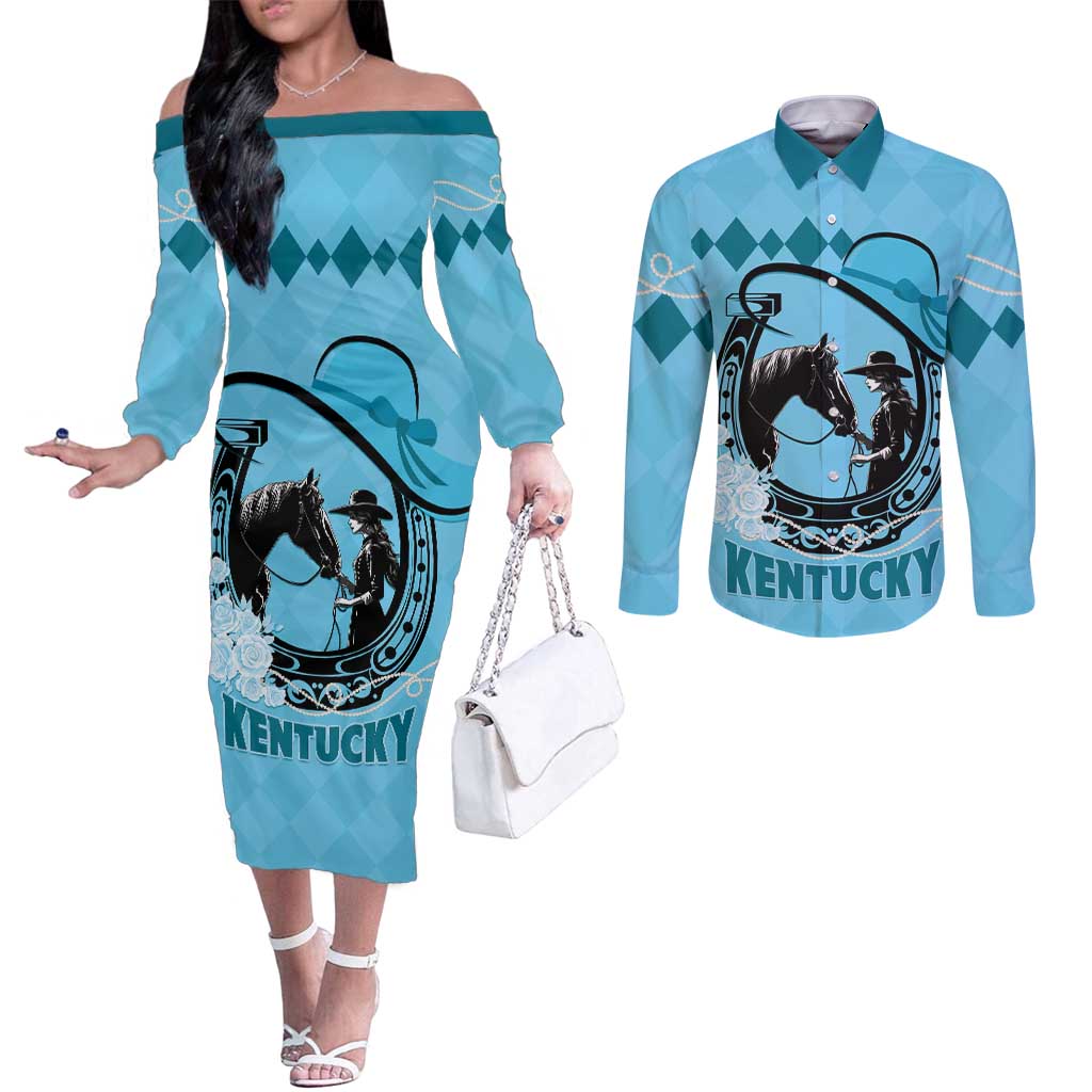 Personalized Kentucky Horse Racing Couples Matching Off The Shoulder Long Sleeve Dress and Long Sleeve Button Shirt Beauty and The Horse Blue Version LT01