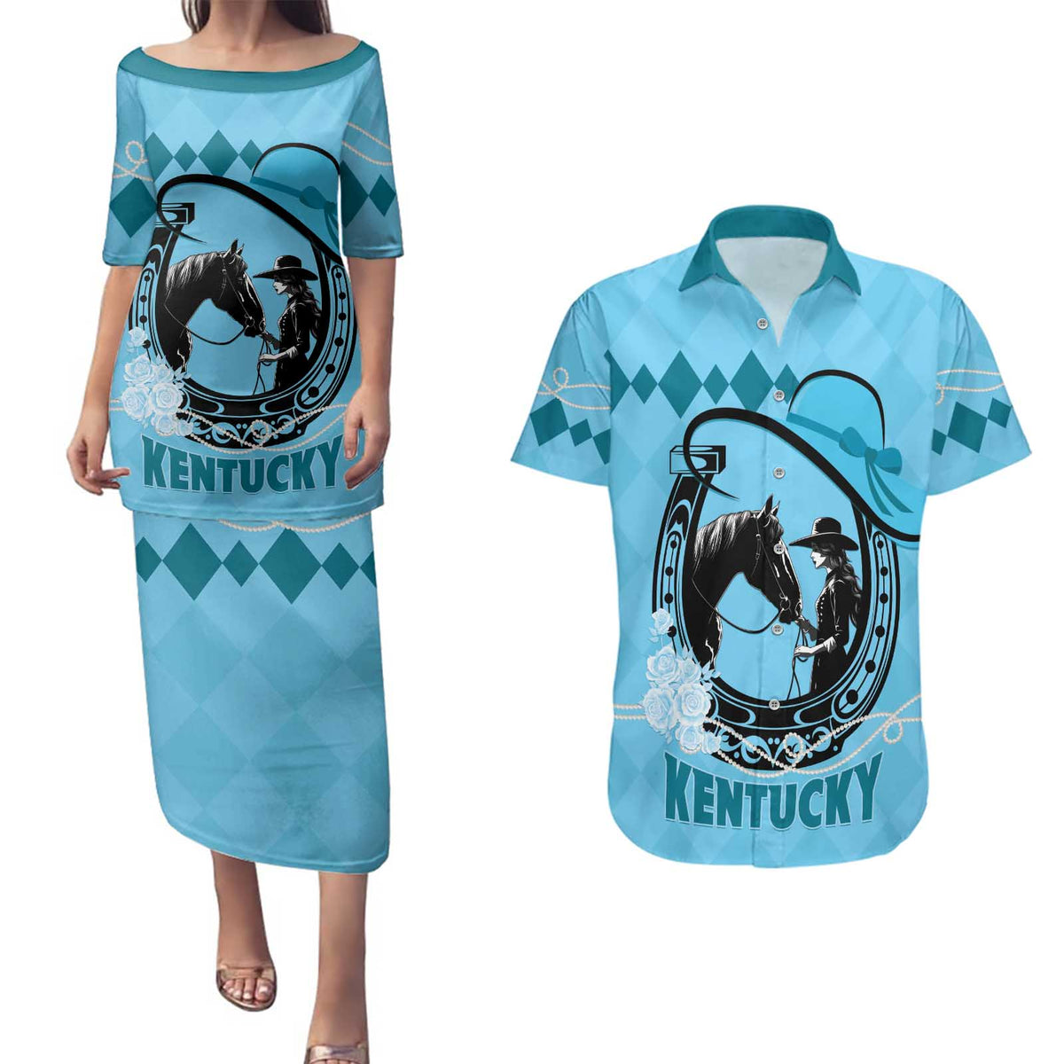 Personalized Kentucky Horse Racing Couples Matching Puletasi and Hawaiian Shirt Beauty and The Horse Blue Version LT01