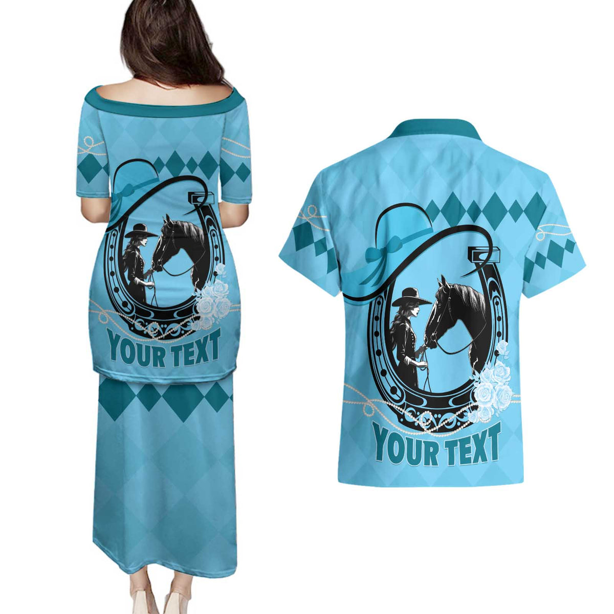 Personalized Kentucky Horse Racing Couples Matching Puletasi and Hawaiian Shirt Beauty and The Horse Blue Version LT01