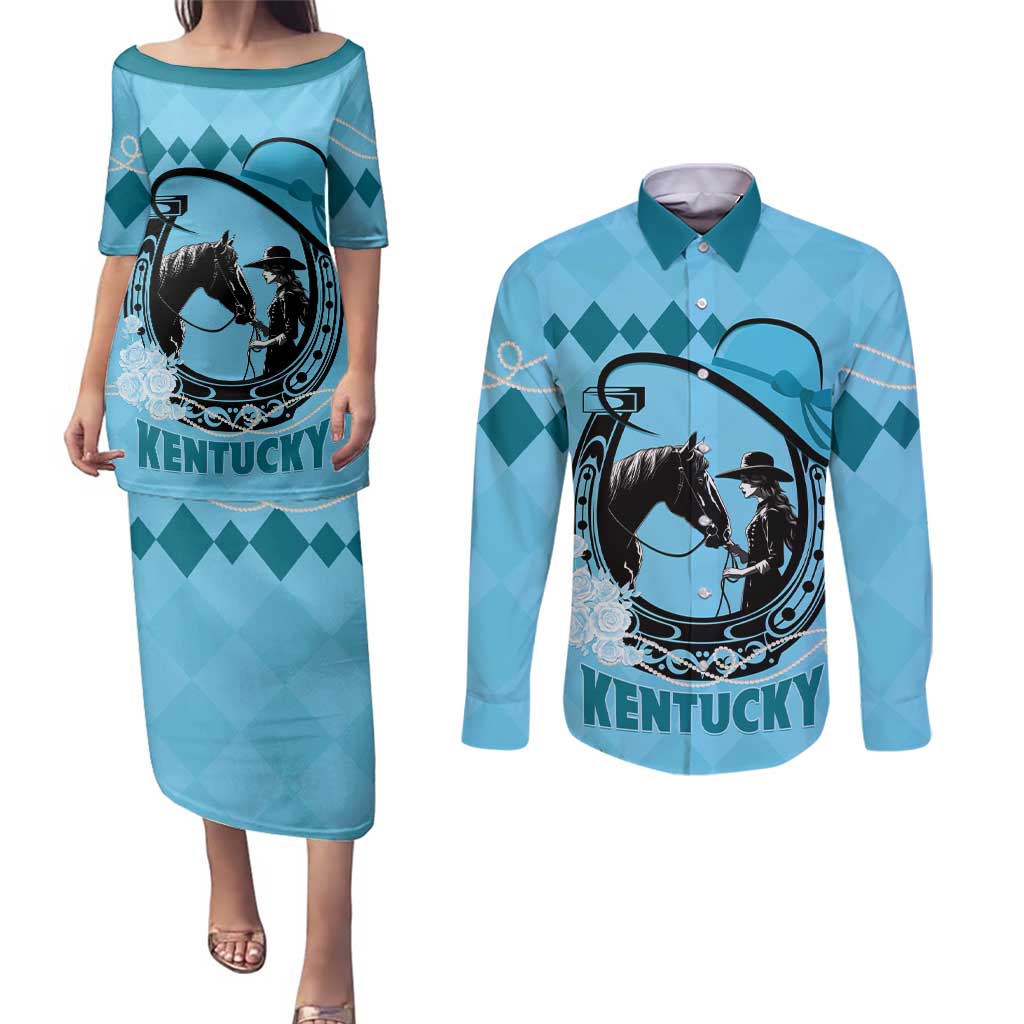 Personalized Kentucky Horse Racing Couples Matching Puletasi and Long Sleeve Button Shirt Beauty and The Horse Blue Version LT01